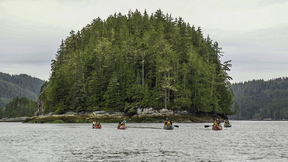 A group of canoes in front of an island